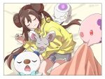  1girl absurdres bed_sheet blanket border brown_hair closed_eyes closed_mouth commentary double_bun eyelashes grey_shorts hair_bun highres hood hoodie jayj_824 litwick long_hair long_sleeves lying minccino munna on_side oshawott pokemon pokemon_(creature) pokemon_(game) pokemon_bw2 rosa_(pokemon) shorts smile symbol-only_commentary tassel twintails white_border yellow_hoodie 