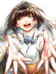  1girl :d absurdres black_hair bridal_gauntlets detached_sleeves dress gensou_suikoden green_eyes highres ikunosake jewelry long_hair looking_at_viewer necklace open_mouth outstretched_arms simple_background smile solo viki_(suikoden) white_background 