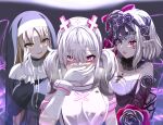  3girls absurdres ahoge apron bandaged_arm bandages black_dress capelet clothes_writing dress elf elu_(10th_costume)_(nijisanji) elu_(nijisanji) eyes_visible_through_hair flower full-length_zipper gloves habit hair_flower hair_ornament hair_over_one_eye hat highres mole mole_under_eye multiple_girls nijisanji nmhdtnr1 nun nurse nurse_cap pointy_ears red_flower sister_cleaire sister_cleaire_(1st_costume) sukoya_kana sukoya_kana_(1st_costume) traditional_nun virtual_youtuber white_apron white_capelet white_gloves white_headwear white_wrist_cuffs wrist_cuffs x_hair_ornament zipper zipper_dress 