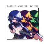  1girl absurdres bass_guitar black_shirt blue_hair bocchi_the_rock! closed_mouth collared_shirt funayfunay green_eyes highres holding holding_instrument instrument long_sleeves looking_down mole mole_under_eye music playing_instrument shirt short_hair skirt yamada_ryou 
