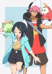  1boy 1girl absurdres bag black_hair blue_background blue_eyes blue_hair border carrying cat cosplay fuecoco guel_jeturk gundam gundam_suisei_no_majo hat highres imasogari jacket liko_(pokemon) liko_(pokemon)_(cosplay) long_hair medium_hair mole mole_under_eye multicolored_hair nika_nanaura one_eye_closed pink_hair pokemon pokemon_(creature) roy_(pokemon) roy_(pokemon)_(cosplay) shoes shorts shoulder_carry simple_background smile sprigatito teeth upper_teeth_only white_border 