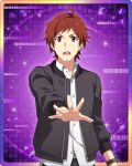  1boy ahoge facial_hair goatee idolmaster idolmaster_side-m idolmaster_side-m_growing_stars jacket long_sleeves male_focus official_alternate_costume official_art open_clothes open_jacket outstretched_hand palms red_hair teeth tendo_teru upper_teeth_only watch 
