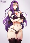 1girl black_thighhighs blush breasts circlet cleavage earrings fire_emblem fire_emblem_echoes:_shadows_of_valentia jewelry lace lace-trimmed_legwear lace_panties lace_trim large_breasts long_hair looking_at_viewer mina_cream navel panties purple_hair simple_background solo sonya_(fire_emblem) thick_thighs thighhighs thighs tiara underwear 