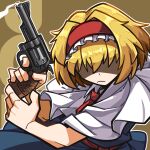  1girl alice_margatroid amerika_zarigani blonde_hair blue_dress brown_background capelet character_name closed_mouth commentary_request cookie_(touhou) cowboy_shot dress frilled_hairband frills frown gun hair_between_eyes hair_intakes hair_over_eyes hairband handgun highres holding holding_gun holding_weapon jigen_(cookie) long_bangs necktie outline red_hairband red_necktie red_sash revolver sash short_hair smoke smoking_gun solo touhou weapon white_capelet white_outline 