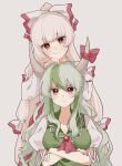  2girls absurdres bow closed_mouth crossed_arms daiwa_uho dress ex-keine frown fujiwara_no_mokou green_dress green_hair hair_bow hands_on_another&#039;s_head head_tilt highres horn_bow horn_ornament horns kamishirasawa_keine long_hair long_sleeves looking_at_viewer multiple_girls pants red_bow red_eyes red_pants shirt short_sleeves simple_background smile touhou very_long_hair white_bow white_shirt 