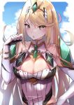  1girl bare_shoulders blonde_hair blush breasts chest_jewel cleavage commentary dress elbow_gloves gloves headpiece jewelry large_breasts long_hair looking_at_viewer mythra_(xenoblade) open_mouth racket_ti1 solo swept_bangs symbol-only_commentary tiara very_long_hair xenoblade_chronicles_(series) xenoblade_chronicles_2 yellow_eyes 