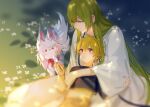  1boy 1other androgynous chain enkidu_(fate) fate/strange_fake fate_(series) gilgamesh_(fate) glowing glowing_clothes glowing_eyes green_hair hair_between_eyes highres long_hair looking_at_viewer male_focus robe rrr_(reason) shirt smile solo upper_body very_long_hair white_robe white_shirt yellow_eyes 