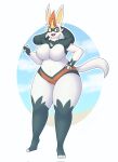  anthro big_breasts blue_background blue_body blue_fur breasts cheek_tuft cinderace cloud facial_tuft fangs featureless_breasts featureless_crotch female fur generation_4_pokemon generation_8_pokemon hand_on_hip hi_res huge_breasts hybrid lucario lyratrchubby navel nintendo open_mouth open_smile orange_body orange_eyes orange_fur pokemon pokemon_(species) shoulder_tuft simple_background slightly_chubby smile solo spikes spikes_(anatomy) teeth thick_thighs tuft white_background white_body white_fur wide_hips 