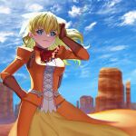  1girl aqua_eyes ascot blonde_hair bow breasts brown_gloves closed_mouth cloud cross-laced_clothes dress elbow_gloves gloves hair_between_eyes hair_bow kiroku_nanaki_(52+2) long_hair long_sleeves looking_at_viewer maya_schrodinger orange_dress red_ascot smile solo wild_arms wild_arms_3 
