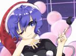  1girl :3 black_shirt blue_eyes blue_hair blue_nails chokomaron doremy_sweet dream_soul hair_between_eyes hand_on_own_chin hands_up hat head_rest highres index_finger_raised leaning_to_the_side looking_at_viewer nightcap one_eye_closed pom_pom_(clothes) portrait red_headwear shirt short_hair solo tail tail_wrap touhou 