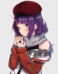  1girl :o bare_shoulders beret black_nails black_shirt blunt_bangs blush chain_print diagonal_bangs ear_piercing earrings enpera fingernails fur_collar grey_background grey_scarf hands_up hanetsuka hat highres idolmaster idolmaster_shiny_colors jacket jewelry long_hair long_sleeves looking_at_viewer multicolored_clothes multicolored_jacket multiple_rings nail_polish off_shoulder open_clothes open_jacket open_mouth own_hands_together parted_lips piercing plaid plaid_shirt purple_eyes purple_hair red_headwear red_jacket ring scarf shirt sidelocks simple_background sleeveless sleeveless_shirt sleeves_past_wrists solo tanaka_mamimi upper_body white_background white_jacket white_shirt zipper 