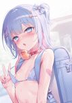  1girl armpit_crease backpack bag bandaid bikini bikini_top_only blue_eyes blue_hair blunt_bangs blush breasts collar commentary_request hair_ornament hairclip head_tilt highres indie_virtual_youtuber kanzarin_(vtuber) looking_at_viewer multicolored_hair nail_polish one_side_up open_mouth parted_bangs pink_hair purple_nails randoseru rubber_duck school_bag shu_bii simple_background small_breasts solo strap_pull sweat sweatdrop swimsuit two-tone_hair v virtual_youtuber wet 