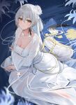  1girl absurdres azur_lane breasts character_request cleavage dress highres large_breasts qing_wu sitting solo wariza white_dress white_hair 