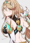  1girl bare_shoulders blonde_hair blush breasts butt_crack commentary_request gloves grey_background highres large_breasts long_hair looking_at_viewer midriff mythra_(xenoblade) peach11_01 simple_background smile solo upper_body very_long_hair white_gloves xenoblade_chronicles_(series) xenoblade_chronicles_2 yellow_eyes 