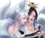  2girls back_hair bare_shoulders breasts fox_girl groping hair_bun hair_ornament jewelry ka_qiao large_breasts long_hair looking_to_the_side multiple_girls necklace original parted_lips sexually_suggestive teeth tongue upper_body watermark whit_background white_hair 