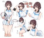  1girl arm_up armpits bare_shoulders black_hair bottle breasts brown_eyes chestnut_mouth clenched_hand closed_mouth collared_shirt commentary_request elbow_pads from_side hair_intakes holding holding_bottle holding_racket holding_tennis_racket large_breasts leaning_forward light_blush looking_ahead looking_at_viewer midriff_peek mole mole_on_armpit multiple_views one_eye_closed open_mouth original pleated_skirt racket reference_sheet shirt short_hair single_bare_arm single_elbow_pad skirt sleeveless sleeveless_shirt sportswear sweat tapioka_(oekakitapioka) tennis_racket tennis_uniform thick_thighs thighs v-shaped_eyebrows white_shirt white_skirt 