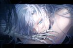  1boy bishounen blue_eyes bone fins head_fins i_became_a_god_in_a_horror_game long_hair looking_at_viewer male_focus mermaid monster_girl nude sign solo tavel very_long_hair white_hair zaphylla 