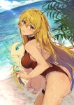  1girl alternate_costume ass bare_shoulders blonde_hair blush breasts commission fae_(fire_emblem) fire_emblem fire_emblem:_the_binding_blade igrene_(fire_emblem) inflatable_toy large_breasts long_hair looking_at_viewer looking_back miyazakit mole mole_under_eye one-piece_swimsuit outdoors red_one-piece_swimsuit skeb_commission smile solo swimsuit yellow_eyes 