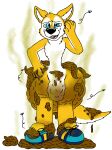  absurd_res anonymous_artist anthro blue_eyes canid canine canis feces firsuit_soiling fur goldenwolf_(goldenwolf2879) hi_res humanoid male male/male mammal scat solo wolf yellow_body yellow_fur 