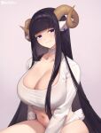  1girl animal_ears artist_name black_hair blunt_bangs blush breasts brown_horns cleavage closed_mouth commentary crop_top curled_horns english_commentary highres horns huge_breasts iwbitu long_hair looking_at_viewer navel no_pants original panties purple_eyes sheep_ears sheep_girl sheep_horns shirt simple_background solo straight_hair underwear very_long_hair white_panties white_shirt 