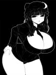  1girl blunt_bangs blush capelet commentary_request curvy dress haseru_(ginku_mh) hat high_contrast leaning_forward long_hair long_sleeves looking_at_viewer mob_cap monochrome open_mouth panties patchouli_knowledge sidelocks simple_background solo touhou underwear 