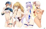  4girls adjusting_clothes adjusting_swimsuit ahoge artoria_pendragon_(fate) bare_shoulders baseball_cap bikini blonde_hair blue_bow blue_eyes blue_hair blue_headwear blue_jacket blush bow breasts cleavage collarbone contrapposto cropped_jacket cropped_legs dark-skinned_female dark_skin fate/grand_order fate_(series) grey_eyes grin hair_between_eyes hair_bow hair_intakes hair_through_headwear halterneck hat high_ponytail highleg highleg_swimsuit highres jacket jeanne_d&#039;arc_(fate) jeanne_d&#039;arc_(swimsuit_archer)_(fate) jeanne_d&#039;arc_(swimsuit_archer)_(second_ascension)_(fate) kurozawa_yui large_breasts long_hair long_sleeves looking_at_viewer multiple_girls mysterious_heroine_xx_(fate) navel okita_souji_(fate) okita_souji_alter_(swimsuit_saber)_(fate) one-piece_swimsuit open_mouth ponytail red_eyes shrug_(clothing) sideboob sidelocks simple_background skindentation smile stomach swimsuit tassel thigh_strap thighs tomoe_gozen_(fate) tomoe_gozen_(swimsuit_saber)_(fate) tsurime underboob very_long_hair white_background white_bikini white_hair wristband 