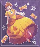  1girl absurdres blue_eyes brown_hair candy commentary_request dress earrings flipped_hair flower_earrings food full_body highres jack-o&#039;-lantern_print jewelry long_hair mario_(series) misowhite orange_dress orange_footwear princess_daisy solo star_(symbol) striped striped_background 