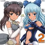  2girls 30_minutes_sisters animal_ears anniversary artist_name bear_ears black_eyes black_hair blue_eyes blue_gloves blue_hair blue_leotard blush breasts character_name clothing_cutout commentary_request dark-skinned_female dark_skin double_bun elbow_gloves fake_animal_ears fake_tail gloves hair_between_eyes hair_bun hair_ornament hand_up headgear highres index_finger_raised joints leotard light_blue_hair long_hair luluce_(30ms) mecha_musume medium_breasts multiple_girls navel open_mouth pointing pointing_up ponytail siana_amarcia signature simple_background smile split_mouth stomach_cutout tail thrusters underboob upper_body v v-shaped_eyebrows white_background white_gloves white_leotard yanase_takayuki 