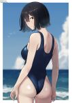  1girl akitsu_maru_(kancolle) ass back beach black_eyes black_hair blue_overalls blue_sky blush breasts cloud cloudy_sky dated day highres kantai_collection large_breasts looking_back one-piece_swimsuit outdoors overalls shiromaru_(maniado) short_hair sky smile solo swimsuit twitter_username water white_background 