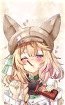  1girl absurdres blonde_hair blouse blue_nails blush braid brown_headwear brown_jacket closed_mouth commentary_request food_in_mouth fox_girl fox_hat hair_between_eyes hair_over_shoulder half-closed_eyes hands_up hat heart heart-shaped_pupils highres holding hololive incoming_pocky_kiss jacket long_hair long_sleeves looking_at_viewer mouth_hold mr_lobster multicolored_hair multicolored_nails nail_polish official_alternate_costume official_alternate_hairstyle omaru_polka omaru_polka_(3rd_costume) one_eye_closed pink_hair pocky_day pocky_in_mouth purple_eyes red_nails shirt side_braid sidelocks single_braid solo streaked_hair symbol-shaped_pupils upper_body virtual_youtuber white_shirt 