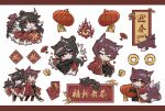  1girl animal_ears black_hair black_jacket black_pants chibi chinese_new_year coat coin commentary dragon_horns dragon_tail fang fox fox_boy fox_ears fox_girl fox_tail glory01200 gold_trim guan_dao hair_bun hand_fan highres holding holding_weapon hongbao horns jacket kitsune kyuubi lantern library_of_ruina lowell_(library_of_ruina) mini_person miniboy multiple_tails necktie one_eye_closed pants paper_fan paper_lantern project_moon red_coat red_eyes red_hair red_necktie shirt simple_background symbol-only_commentary tail weapon white_background white_shirt xiao_(library_of_ruina) 