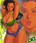  1girl abs armpit_stubble armpits arms_up asymmetrical_hair black_hair braid brazilian_flag breasts brown_eyes choker cleavage cornrows covered_nipples dark-skinned_female dark_skin denim denim_shorts front-tie_top green_choker highres large_breasts laura_matsuda midriff nastacic navel shorts sleeveless street_fighter street_fighter_v tan tanlines toned 