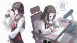  2girls absurdres black_hair chair drawing eraser hairband high-waist_skirt highres long_hair long_sleeves muina multiple_girls original paper pencil pouch red_hairband sailor_collar shirt skirt speech_bubble table white_shirt 