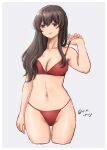  1girl akagi_(kancolle) bikini breasts brown_eyes brown_hair cleavage closed_mouth cropped_legs grey_background hair_between_eyes highres kantai_collection large_breasts long_hair red_bikini rin_(rin_niji) simple_background solo strap_pull swimsuit twitter_username 
