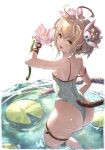  1girl absurdres andira_(granblue_fantasy) andira_(summer)_(granblue_fantasy) animal_ears aqua_one-piece_swimsuit ass blonde_hair casual_one-piece_swimsuit double_bun erune flower granblue_fantasy green_one-piece_swimsuit hair_bun hair_flower hair_ornament highleg highleg_swimsuit highres monkey_ears monkey_girl monkey_tail official_alternate_costume one-piece_swimsuit swimsuit tail yu_pian 