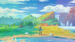  absurdres blue_tunic cloud highres hill link mountain nature scenery sheikah_slate sky snow sword sword_on_back the_legend_of_zelda the_legend_of_zelda:_breath_of_the_wild tree water weapon weapon_on_back wide_shot x.x.d.x.c 