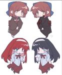  4girls black_dress black_hair blood blood_on_clothes blood_on_face blue_bow blue_eyes blush bow brown_kimono chibi cup dress empty_eyes hair_bow hairband holding holding_cup ii_nkmk japanese_clothes kimono kohaku_(tsukihime) long_hair long_skirt long_sleeves looking_at_viewer multiple_girls one_eye_closed parted_lips red_hair red_ribbon red_skirt ribbon sandals school_uniform shirt short_hair skirt smile standing standing_on_one_leg tohno_akiha tsukihime turtleneck v-shaped_eyebrows v_arms white_background white_hairband white_shirt yellow_eyes 