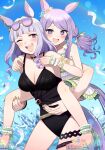  2girls :d ;d absurdres animal_ears bare_shoulders black_one-piece_swimsuit blunt_bangs blush breasts carrying cleavage eyewear_on_head gold_ship_(run_revolt_launcher)_(umamusume) gold_ship_(umamusume) grey_hair gum_(vivid_garden) highres horse_ears horse_girl horse_tail large_breasts long_hair looking_at_viewer mejiro_mcqueen_(ripple_fairlady)_(umamusume) mejiro_mcqueen_(umamusume) multiple_girls official_alternate_costume one-piece_swimsuit one_eye_closed piggyback purple_eyes purple_hair sandals smile sunglasses super_smashing_summer_vacation_(umamusume) swimsuit tail umamusume 