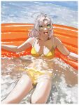  1girl antenna_hair bikini breasts cleavage commentary green_eyes grey_hair highres kantai_collection kinugasa_(kancolle) kinugasa_kai_ni_(kancolle) looking_at_viewer medium_breasts medium_hair ojipon partially_submerged sitting smile solo swimsuit symbol-only_commentary upper_body wading_pool water yellow_bikini 