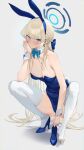  1girl animal_ears bare_shoulders blonde_hair blue_archive blue_bow blue_eyes blue_hairband blue_leotard blush bow bowtie braid breasts cleavage closed_mouth detached_collar elbow_rest fake_animal_ears full_body hairband head_rest highleg highleg_leotard highres leotard long_hair medium_breasts mhk_(mechamania) official_alternate_costume official_alternate_hairstyle playboy_bunny rabbit_ears raised_eyebrows shoes single_shoe solo squatting thighhighs thighs toki_(blue_archive) toki_(bunny)_(blue_archive) torn_clothes torn_thighhighs very_long_hair wrist_cuffs 