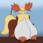  anthro big_breasts breasts delphox female generation_6_pokemon huge_breasts hyper hyper_breasts nintendo pokemon pokemon_(species) red_eyes smile solo stick xvii_(artist) 