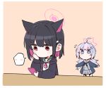  2girls absurdres ahoge animal_ears b.t._(boob_tong) black_coat black_hair black_jacket blue_archive blunt_bangs cat_ears cat_girl cellphone chibi coat colored_inner_hair commentary_request extra_ears hair_between_eyes hair_ornament hairclip halo highres holding holding_phone hood hooded_jacket jacket kazusa_(blue_archive) long_hair looking_at_another low_twintails multicolored_hair multiple_girls open_clothes open_coat open_jacket phone pleated_skirt purple_eyes red_eyes reisa_(blue_archive) school_uniform serafuku short_hair sidelocks simple_background skirt smartphone spoken_expression star_(symbol) star_hair_ornament twintails two-tone_hair 