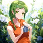  1girl bare_arms bare_shoulders commentary_request cup fire_emblem fire_emblem:_the_sacred_stones green_eyes green_hair highres holding holding_cup jurge long_hair looking_at_viewer orange_shirt parted_lips shirt sleeveless sleeveless_shirt solo upper_body vanessa_(fire_emblem) 