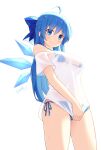  1girl aged_up ahoge bikini blue_bikini blue_bow blue_eyes blue_hair bow breasts cirno hair_bow highres ice ice_wings langbazi large_breasts long_hair looking_at_viewer off_shoulder see-through shirt side-tie_bikini_bottom smile solo swimsuit touhou wet wet_clothes wet_shirt white_background wings 