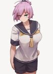  1girl ahoge aoba_(kancolle) black_scrunchie breasts cowboy_shot green_eyes grey_sailor_collar grey_shorts hair_ornament hair_over_one_eye hair_scrunchie highres ikadamo kantai_collection looking_at_viewer medium_breasts messy_hair neckerchief purple_hair sailor_collar sailor_shirt scrunchie shirt shorts simple_background solo standing white_background yellow_neckerchief 