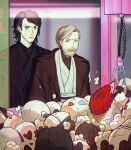  anakin_skywalker beard blue_eyes brown_footwear character_doll crane_game darth_vader facial_hair highres jedi mole mole_under_eye multiple_boys obi-wan_kenobi qui-gon_jinn scar scar_across_eye standing star_wars star_wars:_revenge_of_the_sith star_wars:_the_phantom_menace strawberryreddy stuffed_toy 