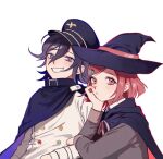  1boy 1girl black_cloak blue_outline blush cloak danganronpa_(series) danganronpa_v3:_killing_harmony eyelashes hair_between_eyes hair_ornament hairpin hat highres leaning_on_person looking_at_viewer oma_kokichi outline purple_eyes purple_hair red_eyes red_hair red_outline short_hair smile straitjacket wavy_hair white_background witch_hat yp_(pypy_5_) yumeno_himiko 