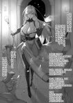  1girl absurdres belt book bottle breasts cleavage darkest_dungeon dawalixi doorway dress earrings elbow_gloves gloves greyscale hair_over_one_eye highres huge_breasts jewelry long_hair low_neckline mage_staff magic minotaur mole mole_on_breast monochrome monster sleeves_past_wrists standing thighhighs tile_floor tiles translation_request 