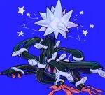  blue_background cable commentary_request kokemushi_(kuru_fox) no_humans pokemon pokemon_(creature) simple_background solo spikes star_(symbol) xurkitree 
