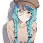  1girl aqua_hair bang_dream! bow braid brown_headwear brown_sweater cabbie_hat fries_vanquisher glasses green_eyes hair_bow hair_over_shoulder hat highres hikawa_sayo light_blush long_hair looking_at_viewer round_eyewear shadow simple_background smile solo sweater twin_braids white_background 